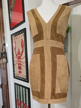 Cals Two-Tone Suede Panel V-Neck Dress in Tan and Brown